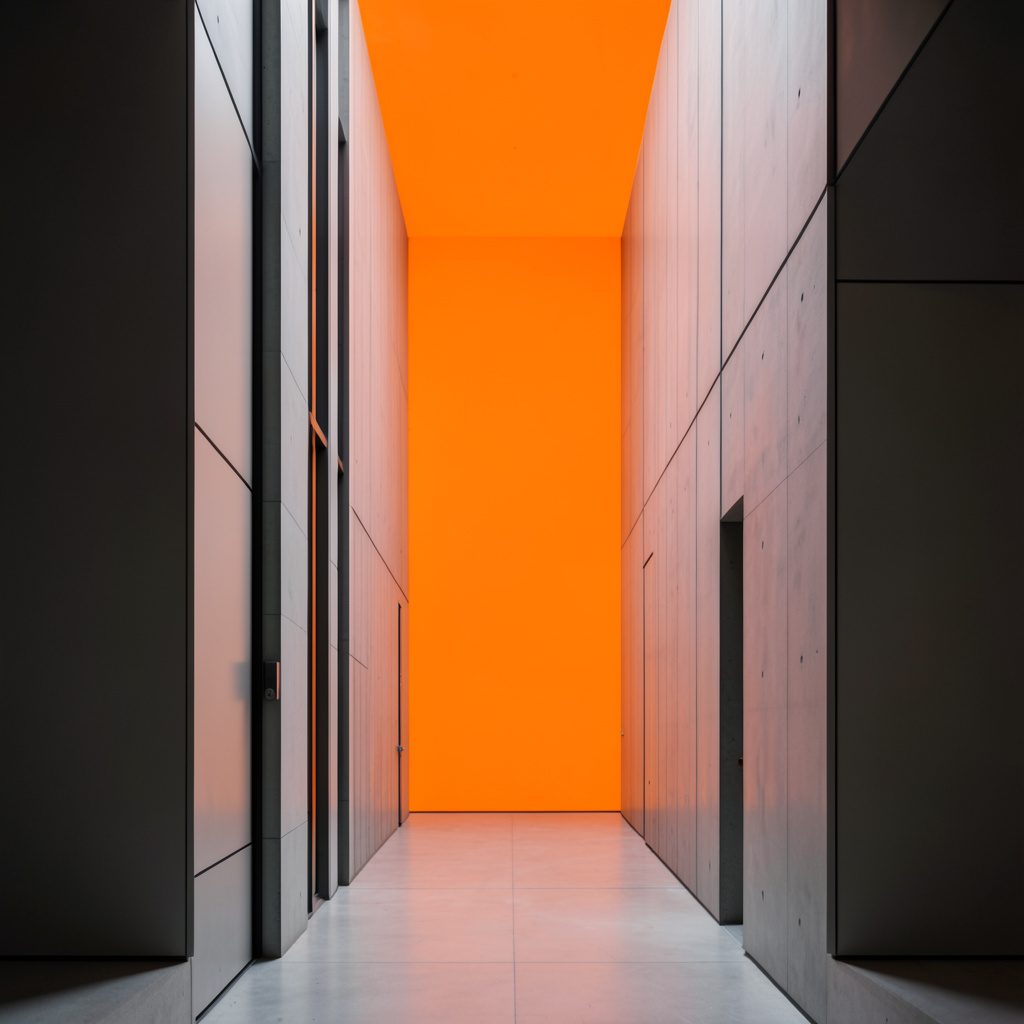 Dark moody architectural photograph of a city office corridor with strong symmetry, muted warm tones, calm and focused mood